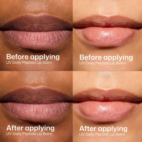 A 2x2 before-and-after comparison grid showing close-up lips wearing UV Daily Peptide Lip Balm. The top row is labeled 'Before applying' and shows dry, darker lips.