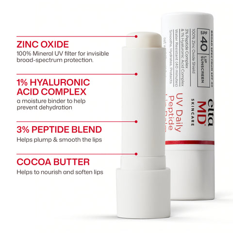 Lip balm with packaging labeled 'MD' on a white background, featuring text about ingredients and benefits.