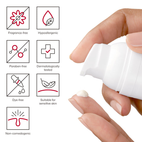 Hand holding a white roll-on bottle with icons indicating product features on a white background.