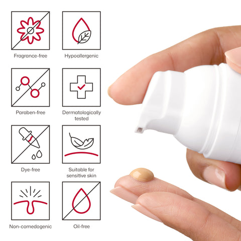 Hand holding a white bottle with icons indicating product features on a white background