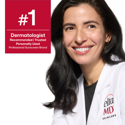 Woman in a white lab coat with 'elta MD Skincare' logo, next to a red square with '#1 Dermatologist Recommended Trusted Personally Used Professional Sunscreen Brand' text.