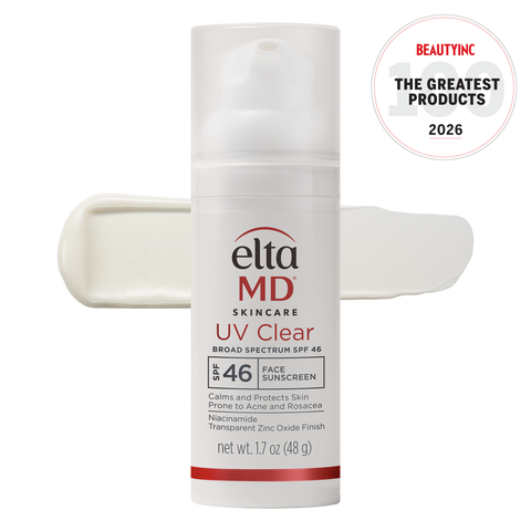 EltaMD UV Clear sunscreen bottle with applicator on a white background