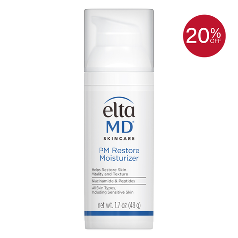 Eltma MD skincare moisturizer bottle with a 20% off badge on a white background