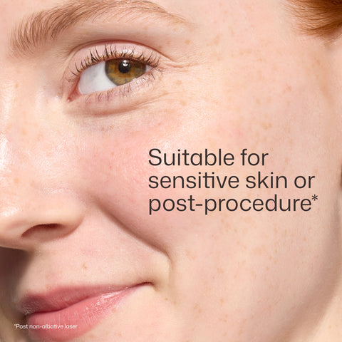 Close-up of a person's eye with text indicating suitability for sensitive skin or post-procedure.