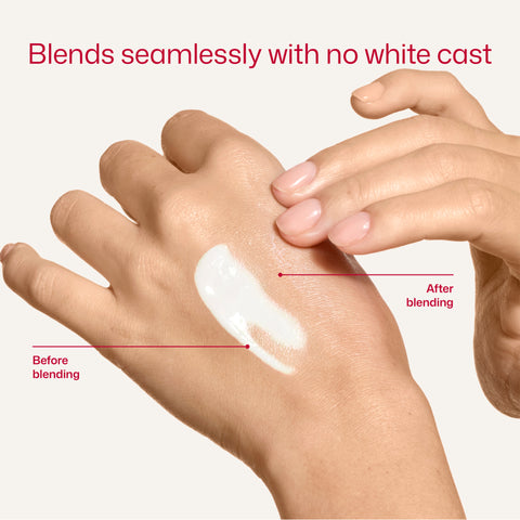 Hand applying cream to another hand with text indicating 'Blends seamlessly with no white cast'.