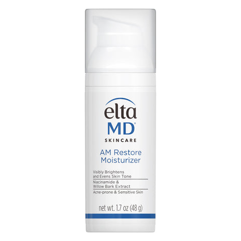 A pump bottle of EltaMD AM Restore Moisturizer, designed for acne-prone and sensitive skin.