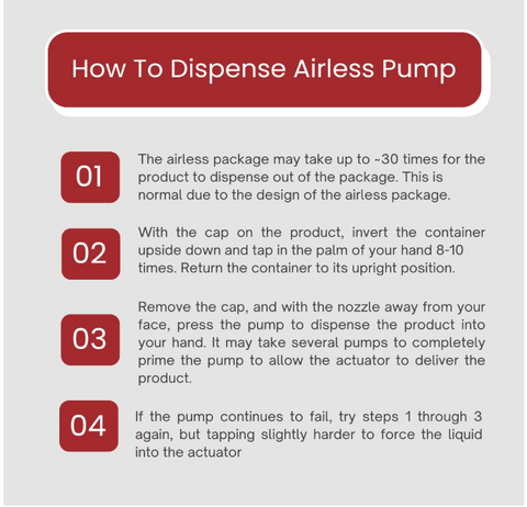 Instructions on how to dispense an airless pump with a red banner at the top.