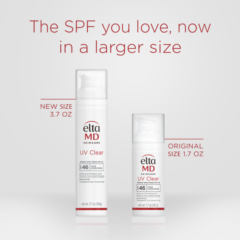 EltaMD skincare products with size comparison on a light gray background