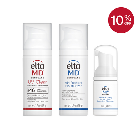 Three Elta MD skincare products with a 10% off badge on a white background