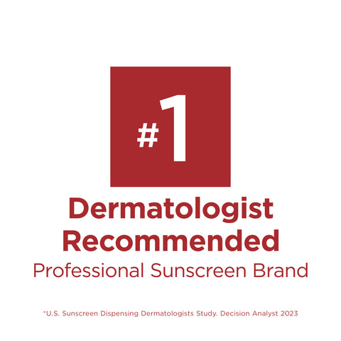 Red square with white number '1' and text 'Dermatologist Recommended Professional Sunscreen Brand' on a white background