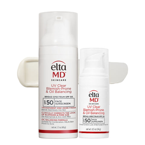 Two white EltaMD skincare sunscreen bottles on a white background: a tall spray bottle labeled UV Clear Blemish-Prone & Oil Balancing SPF 50 and a shorter pump bottle labeled UV Clear SPF 50.