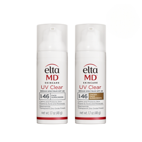 Two bottles of Elta MD UV Clear sunscreen on a white background