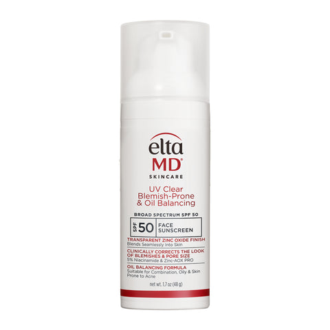 EltaMD UV Clear Blemish-Prone & Oil Balancing SPF 50 skincare bottle on a white background