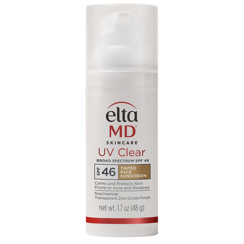 Elta MD UV Clear sunscreen bottle with beige color swatch on a white background