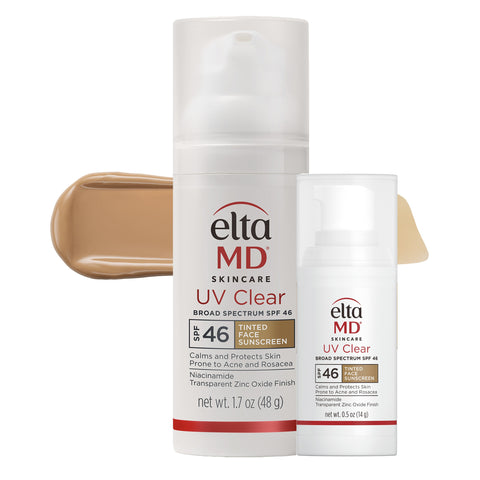 Elta MD UV Clear sunscreen regular and mini bottle with beige color swatch on a white background