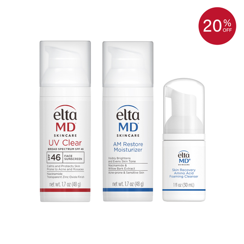 Three Elta MD skincare products on a white background with a 20% off badge.
