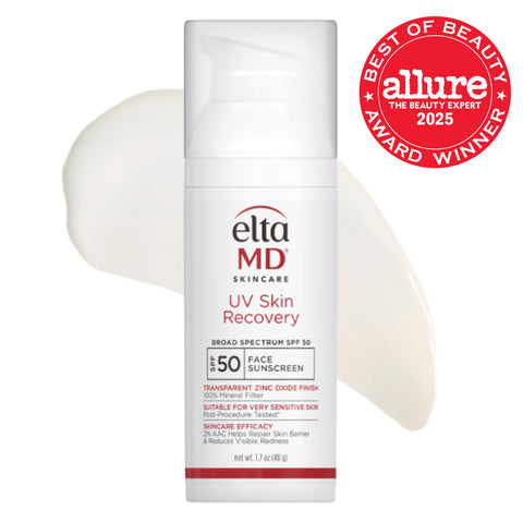 EltaMD UV Skin Recovery sunscreen with 'Allure Best of Beauty' award on a white background