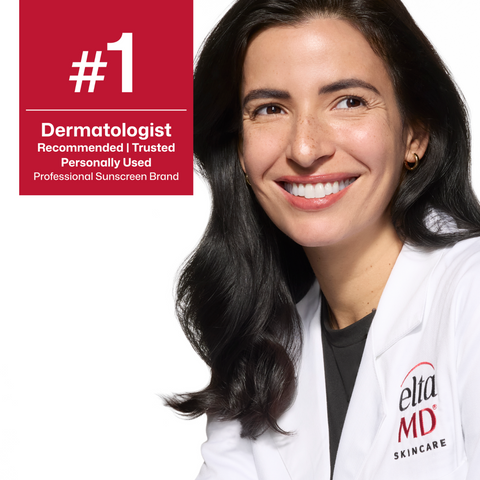 Woman in a white lab coat with EltaMD Skincare branding, featuring a dermatologist recommended badge.
