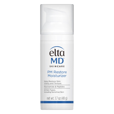 A pump bottle of EltaMD PM Restore Moisturizer, designed for sensitive skin with hyaluronic acid and ceramides.