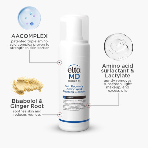 Eltamd skincare cleanser bottle with text detailing its ingredients and benefits on a white background