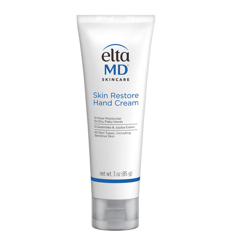 Tube of EltaMD Skin Restore Hand Cream, 3oz size, with white and blue packaging.