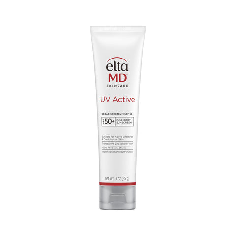 A tube of EltaMD UV Active Broad-Spectrum SPF 50+ sunscreen lotion.