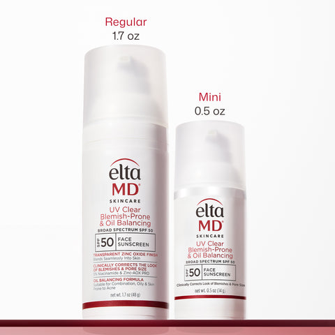 Two white Elta MD Skincare sunscreen bottles shown on a white background, labeled Regular 1.7 oz and Mini 0.