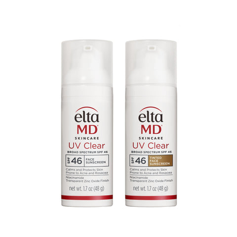 Two bottles of Elta MD UV Clear sunscreen with a 10% off badge on a white background.