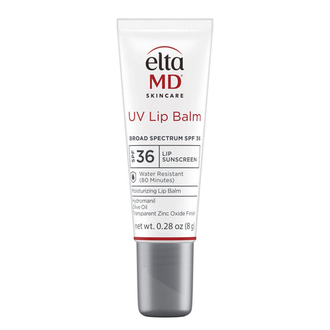 EltaMD UV Lip Balm in a tube with SPF 36 indication, broad-spectrum protection, and water-resistant feature.