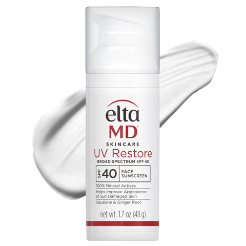 EltaMD UV Restore Broad-Spectrum SPF 40 sunscreen lotion in a white tube with a pump, labeled for face use.
