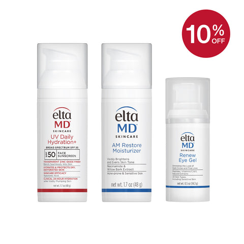 Three Elta MD skincare products with a 10% off badge on a white background