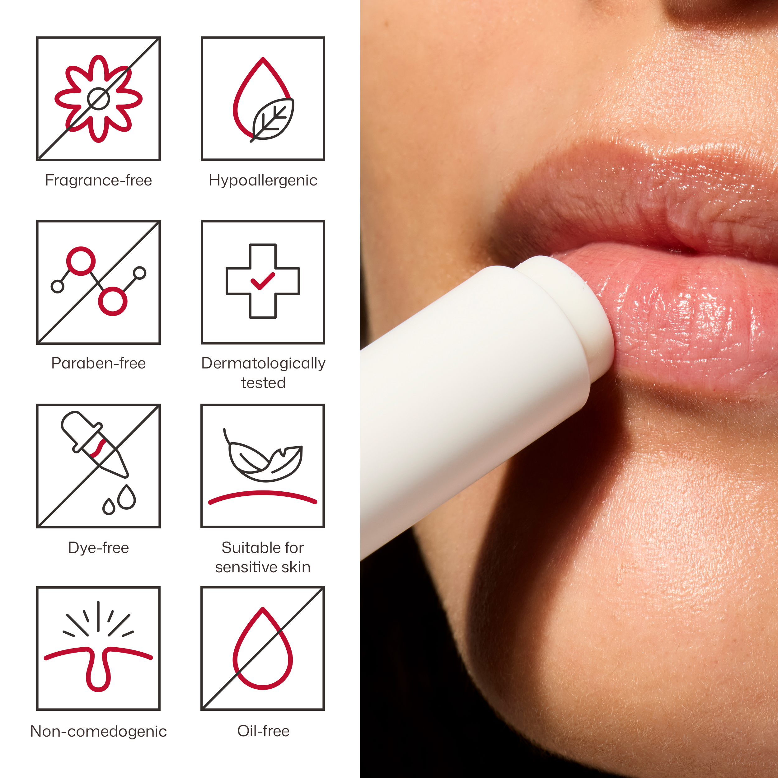 Lip balm being applied to lips with certification icons on the side.
