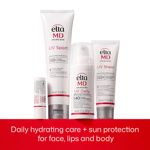 Four Elta MD Skincare sun protection and hydration products arranged on a white background with a red banner at the bottom reading 'Daily hydrating care + sun protection for face, lips and body.' Visible products include a tall UV Sport tube, a smaller UV Sheer tube, a pump bottle labeled UV Daily, and a lip balm tube.