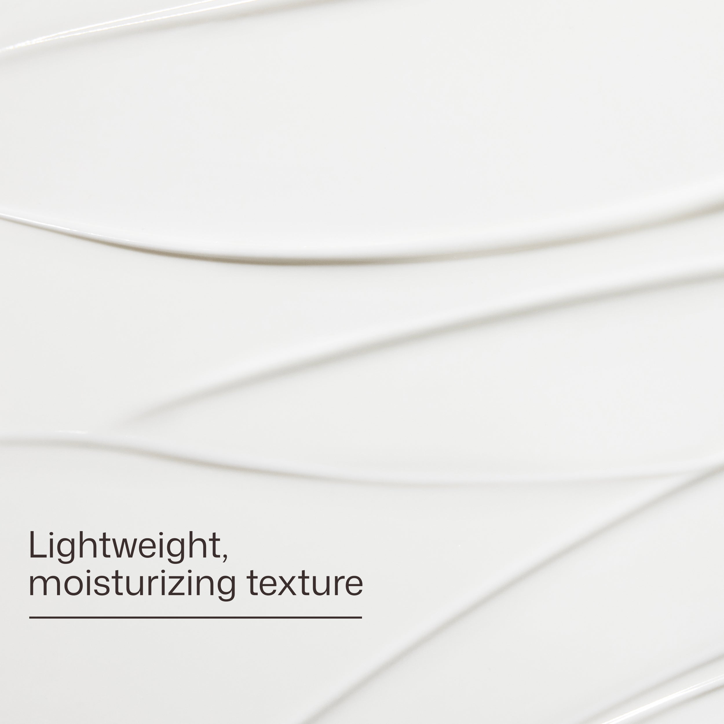 A close-up of a smooth, creamy white cosmetic texture with elegant curved swirls and the text 'Lightweight, moisturizing texture' in the lower left.