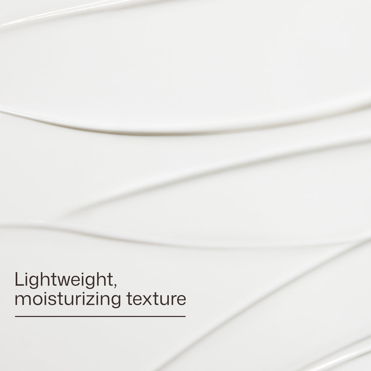 A close-up of a smooth, creamy white cosmetic texture with elegant curved swirls and the text 'Lightweight, moisturizing texture' in the lower left.