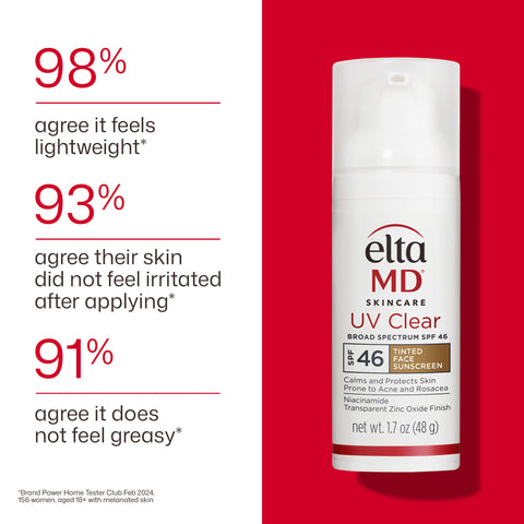 Eltma MD skincare product with positive user feedback on a red background