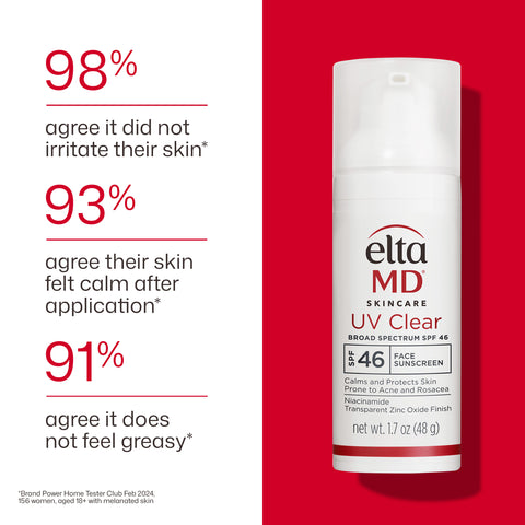 Eltma MD skincare product with positive user feedback on a red background