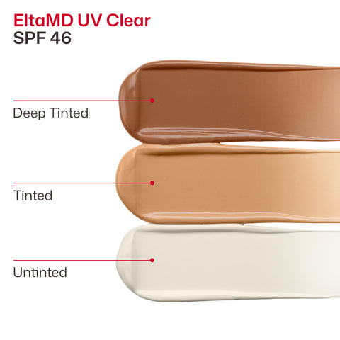 Three swatches of EltaMD UV Clear SPF 46 sunscreen in different shades on a white background.