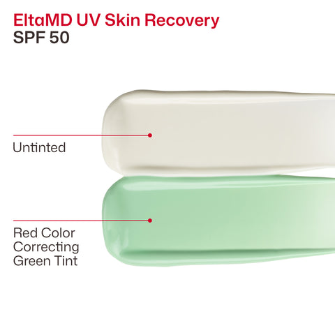 Two swatches of EltaMD UV Skin Recovery SPF 50 cream, one untinted and one with a red color correcting green tint, on a white background.