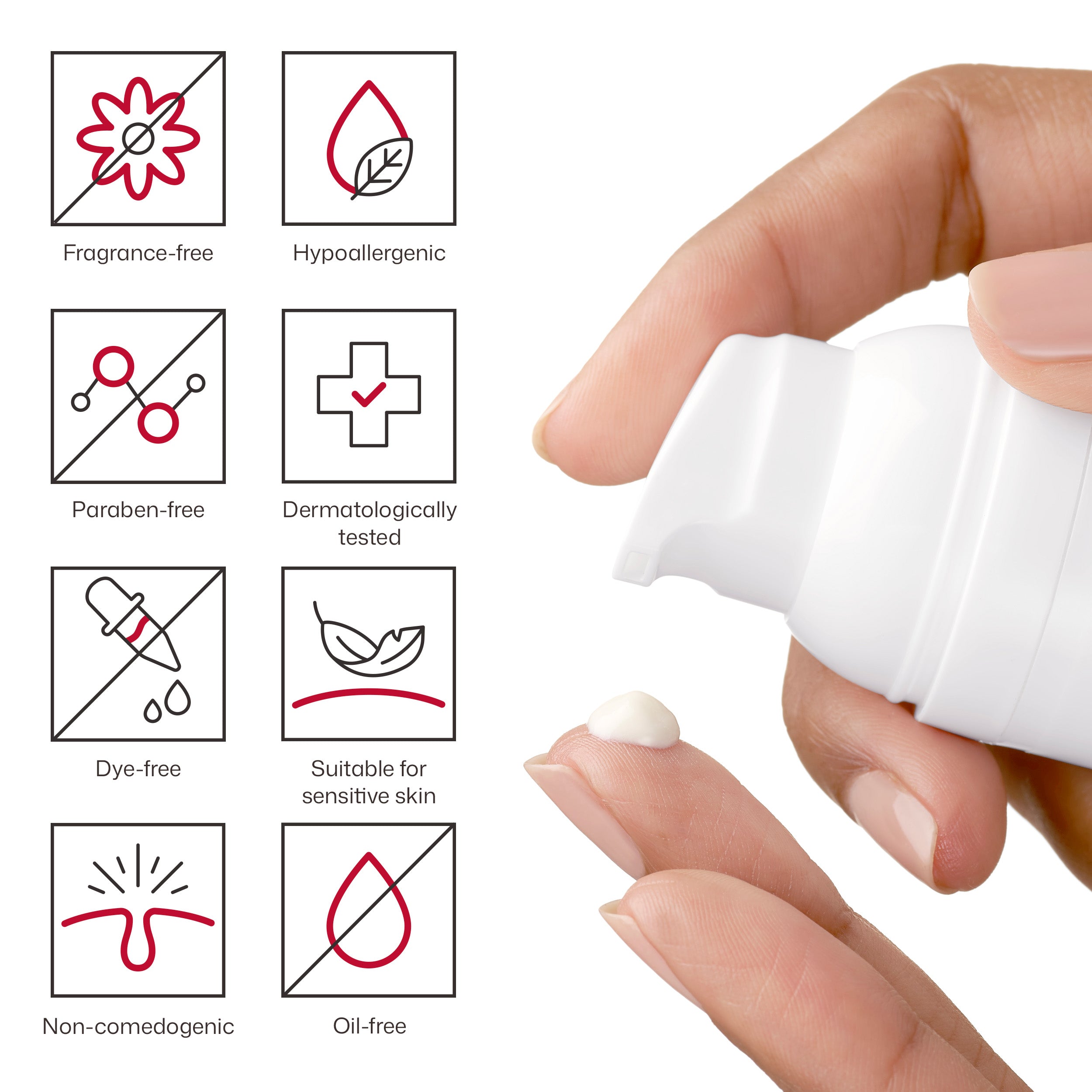 Hand holding a white deodorant stick with icons indicating product features on a white background.