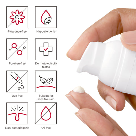 Hand holding a white deodorant stick with icons indicating product features on a white background.