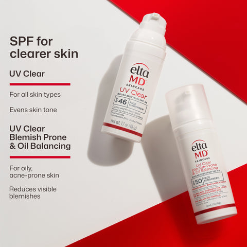 Two bottles of ella MD skincare products on a red and white background with text about SPF benefits.