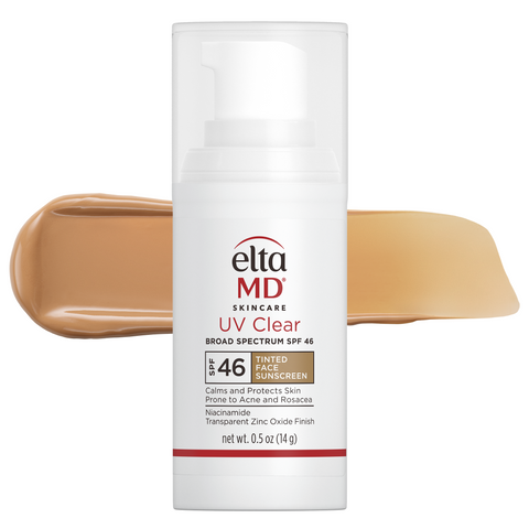 Eltamd UV Clear sunscreen packaging with a swatch of tan color on a white background