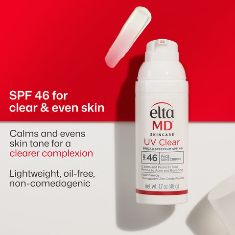 Eltma MD UV Clear sunscreen bottle with red background and product details.