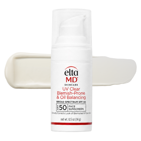 Elta MD UV Clear blemish-prone & oil-balancing broad spectrum SPF 50 face sunscreen in a white pump bottle, shown with a cream-colored swipe of the product behind it on a white background.