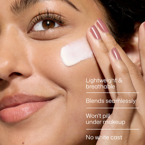 Woman applying cream to her face with text highlighting product features