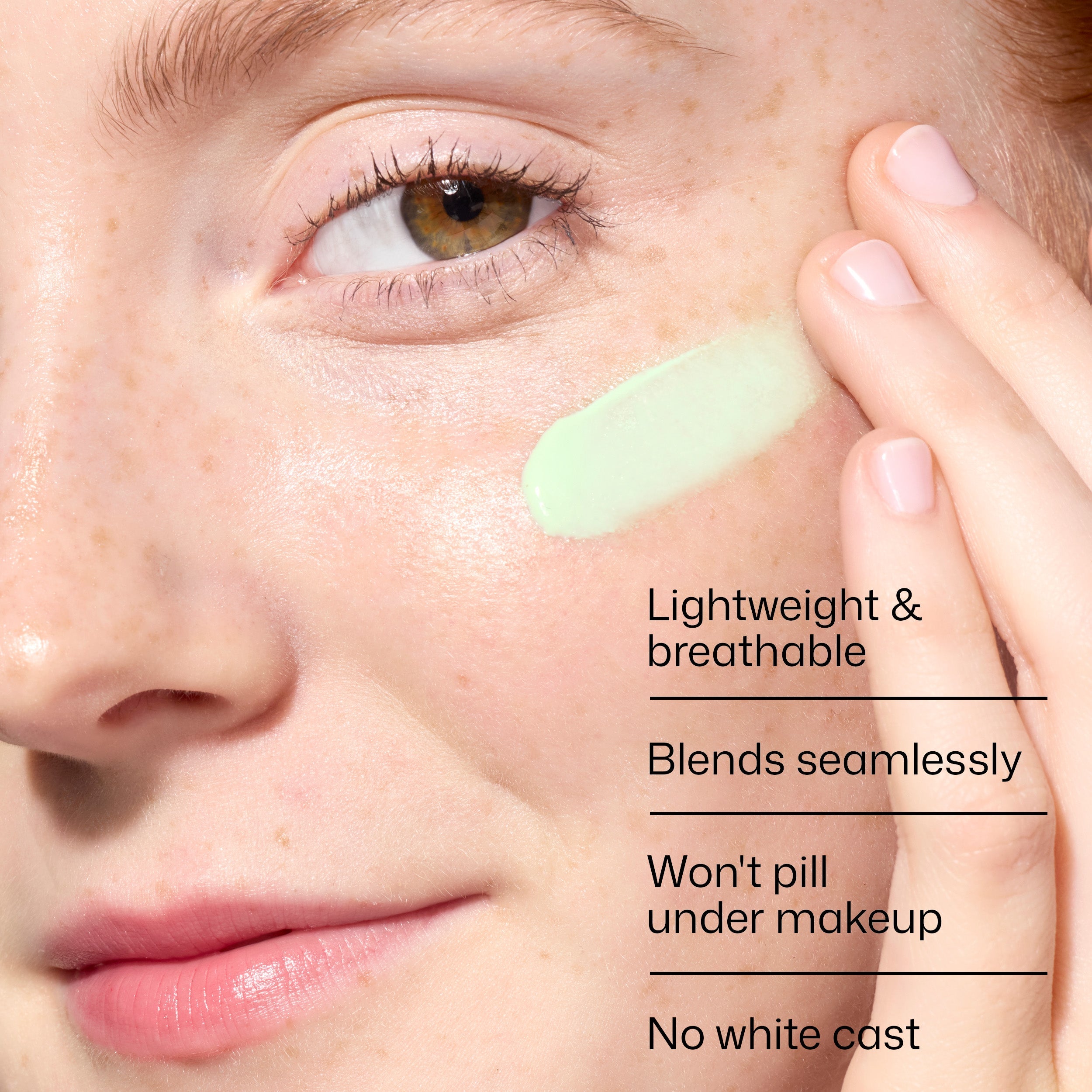 Person applying a green skincare product to their face with text highlighting features.