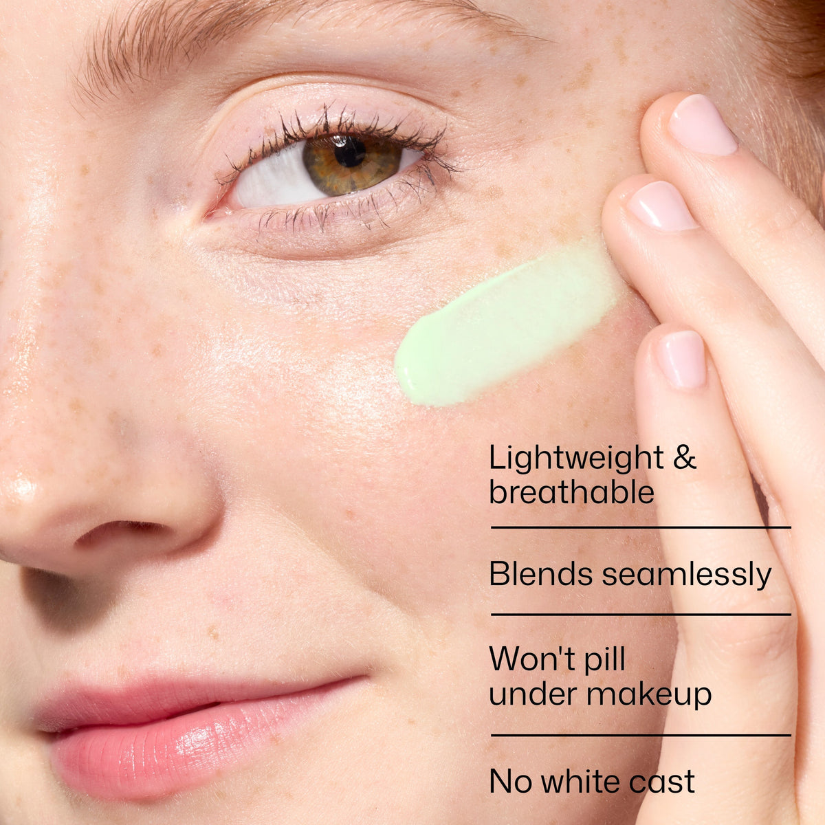 Person applying a green skincare product to their face with text highlighting features.