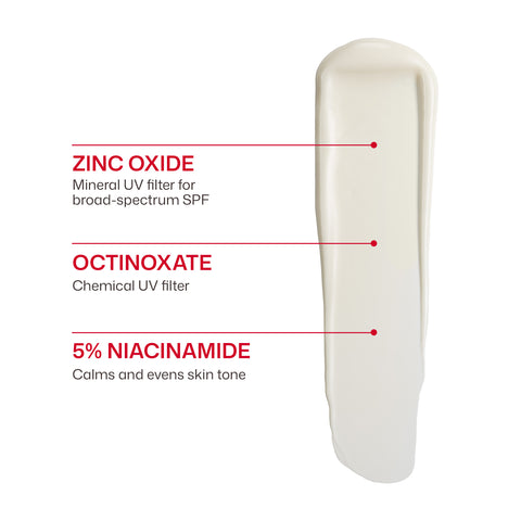 Product swatch with labeled ingredients on a white background