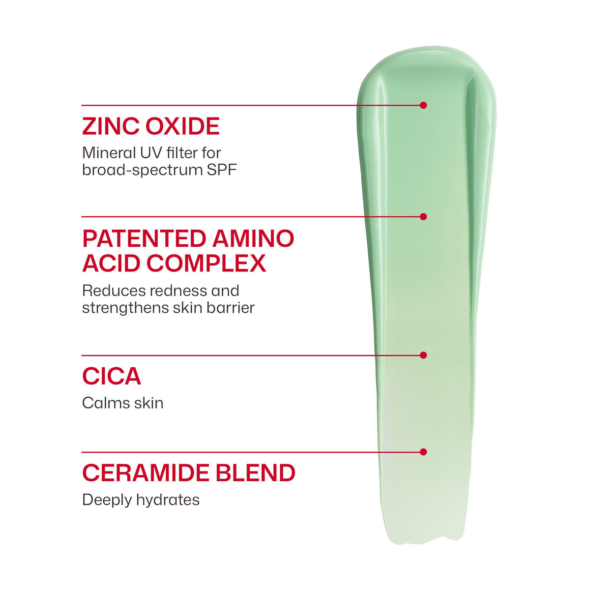 Green skincare product with labeled ingredients on a white background